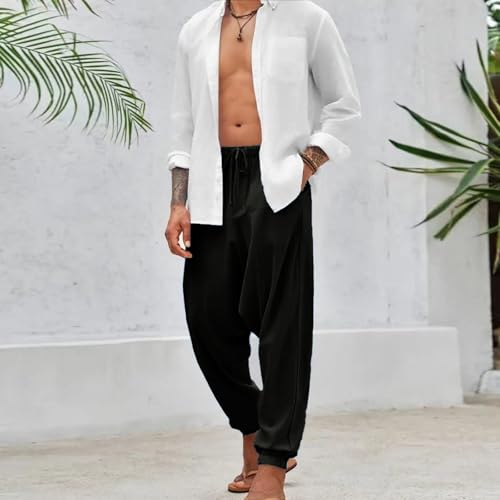 Harem Pants for Men Baggy Style Low Crotch Yoga Pants Elastic Waist Drawstring Ankle Length Loose Fit Beach Pants2