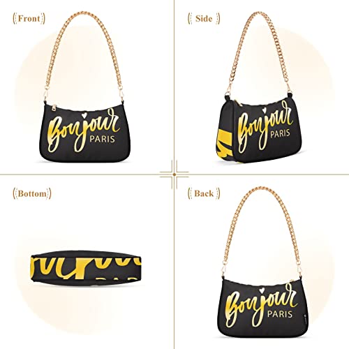 OTVEE Bonjour Paris Golden Black Shoulder Bags for Women Small Handbags Mini Clutch Purse2
