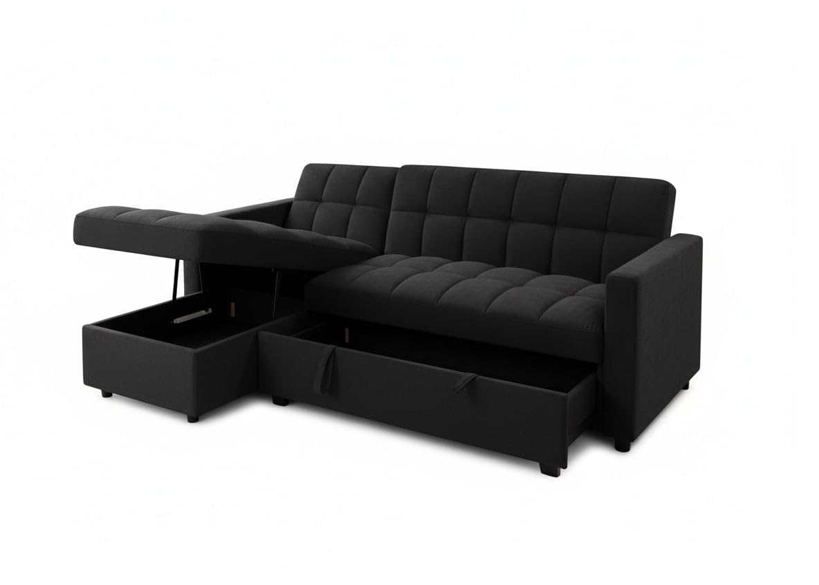 Sofá Cama Chaise Longue 3 Plazas Kris 210 x 145 cm, Cheslong Reversible con Arcón y Almacenamiento, Sistema de Arrastre, Tapizado Terciopelo Negro, Armazón Pino Macizo, Salón