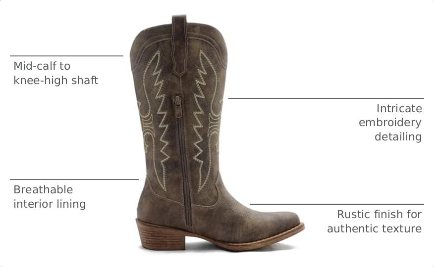 Image of GLOBALWIN Women's Cowboy Boots Comfortable Brown Cowgirl Boots For Daily Wear, Work & Travel Square Toe Fall Boots With Low Heel And Easy Side Zipper Versatile Mid Calf Boots For Women