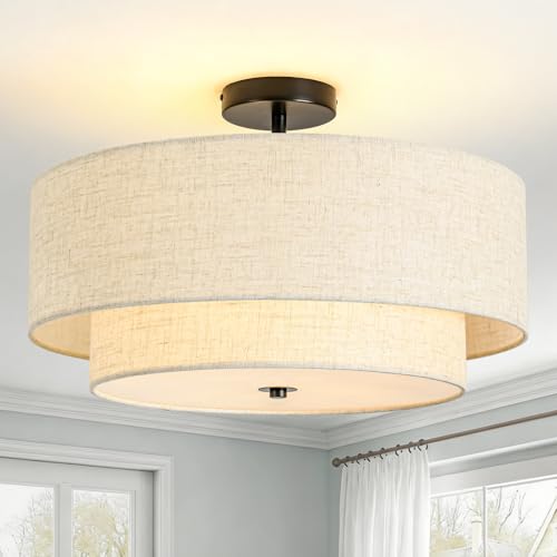 4-Light Semi Flush Mount Ceiling Light, 19.7' Double Drum Ceiling Light Fixture with Linen Fabric Shade, Modern Black Ceiling Light for Dining Room, Living Room, Bedroom, Kitchen, Hallway, Entryway