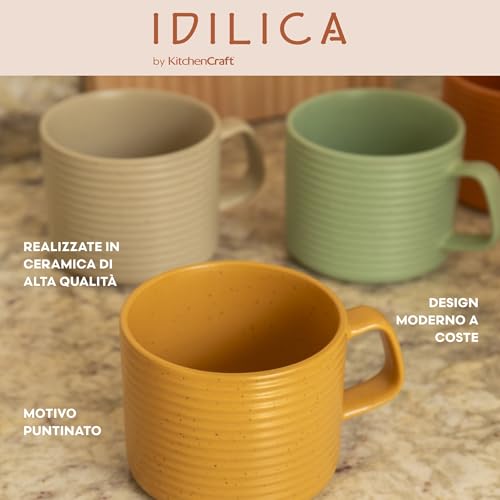KitchenCraft Idilica Tazze impilabili in gres, set di quattro tazze da caffè impilabili, multicolore, capacità 4 ml, lavabili in lavastoviglie e in microonde - immagine 6
