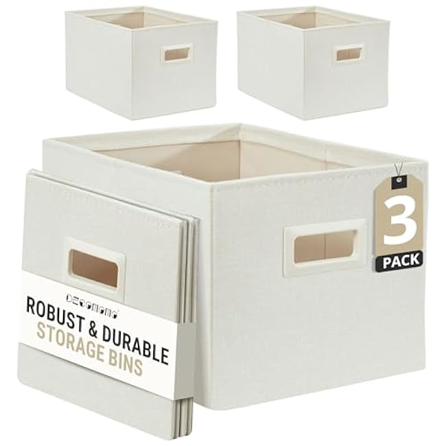 DECOMOMO Storage Bins for Shelves Robust Fabric Closet Bins for Shelves Toy Storage Clothes Books (Pack of 3 ¨C Beige)