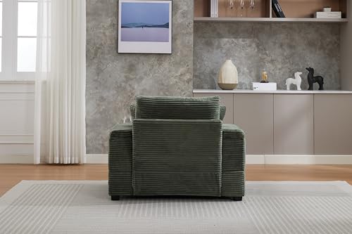 Image of 50 inch Corduroy Upholstered Chaise Lounge Chair Indoor, Modern Lazy Sofa with Storage Armrest, Sleeper Couch with Cup Holders for Living Room, Dark Green