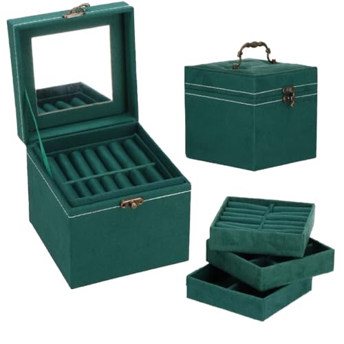 Image of Velvet Three Layer New Vintage Flannel Jewelry Box Earrings Earrings Rings Necklace Bracelets Jewelry Organiser Storage Case With Drawer For Girls Women Dark Green (AB-01)