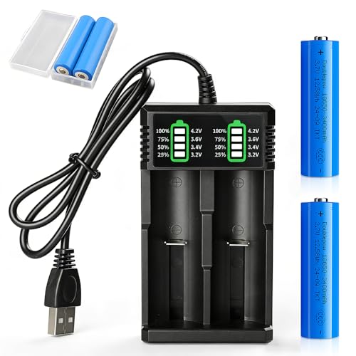 Akku 3.7V Li-Ion Battery NAVESO 2 Stück 3400mah Li-Ion Wiederaufladbarer Akku RC Akk-u Batterie mit Akk-u Ladegerät und Aufbewahrungsbox für Mikrofone Taschenlampen Kleinen Lüfter Türklingel