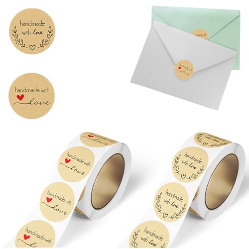1000pcs 2,5cm Papel Kraft Pegatinas Handmade with Love Etiquetas Adhesivas Redondas Decoración Cajas Bolsas Sobres Regalos Invitados Boda Fiesta Navidad