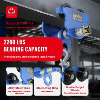 Happybuy Manual Trolley, 1 T/2200 lbs Load Capacity. Dual-Wheel Push Beam Trolley, Heavy-Duty Alloy Steel Garage Hoist for Straight and Curved I Beam, Adjustable for 2.5