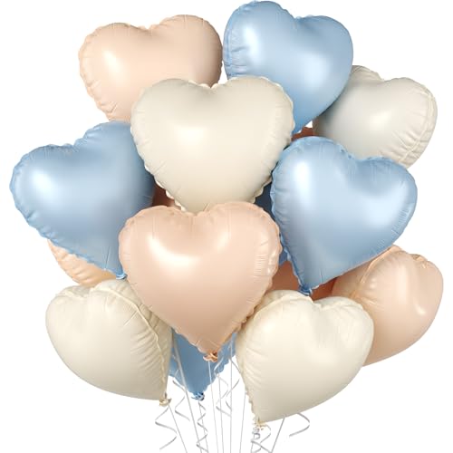 Image of Baby Blue Heart Balloons, 10 Pcs Light Blue White Heart Shaped Balloon, 18 Inch Apricot Cream Sand White Nude Foil Balloons for Engagement Brithday Baby Shower Wedding Valentines Party Decoration