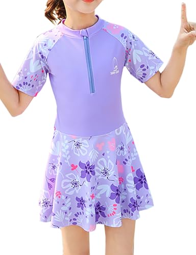 Girls Swimsuit Girls One Piece Skirted Swimsuit Short Sleeve Floral Rash Guard Bathing Suit Swim Dress Swimwear