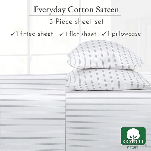 Image of California Design Den Stripe Twin Sheets Set, 100% Cotton 12 inch Pocket Twin Size Sheets & Pillowcase Set. Soft Sateen Weave - Classic Stripe