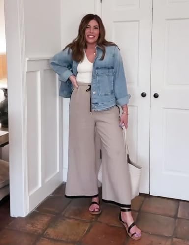 Xiaoxuemeng Linen Pnats Women Wide Leg Striped Capri Pants Casual Baggy Linen Trousers with Pockets2