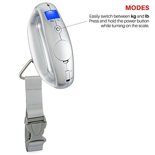 Smart Weigh Digital Portable Luggage Scale, 50Kg /110Lbs Capacity, With Ez Grip Handle, Travel Hanging Scale W/Strap, Bag Weight Gadget W/Tare Function For Suitcases, Batteries Included, Silver #TOP1