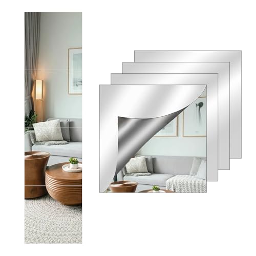 Vernerth 4 pezzi specchio adesivo acrilico 30x30 cm con spessore 2 mm, piastrelle decorative autoadesive per pareti - Soluzione ideale per bagno, soggiorno e decorazioni murali