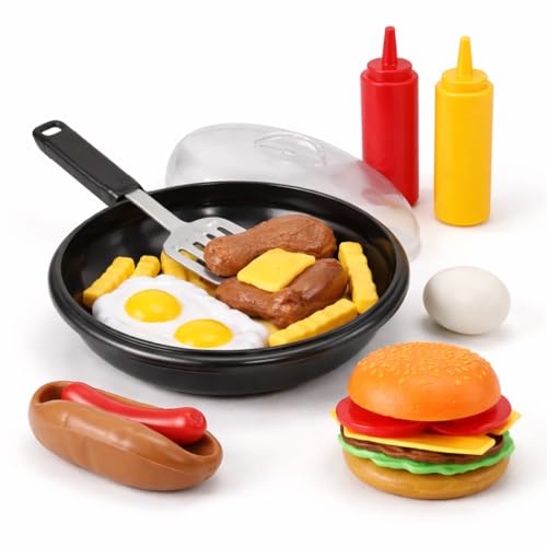 25 PCS Play Food Kids Toy Set with Frying Pan Skillet and Spatula - Kitchen Cooking Pretend Play Toy Grill Set for Toddlers Kids