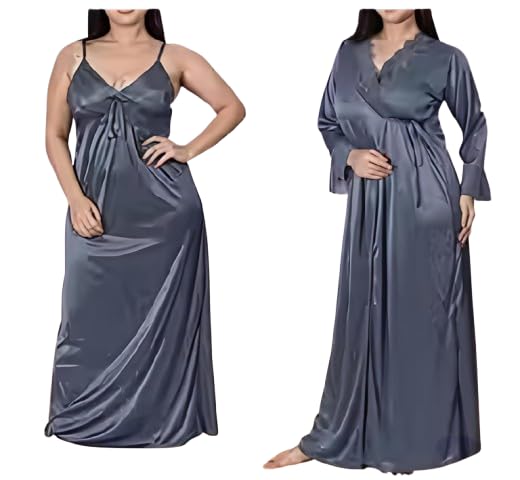 Image of Women's Satin Solid Maxi Nighty Full Sleeve 1 Nighty, 1 Wrap Gown Night Dress Ladies