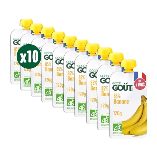 GOOD GOÛT - Gourdes Banane - Purée Bébé - Dès 4 Mois - 85 % Banane - Sans Sucres Ajoutés* - Fabriqué En France - 10x120g