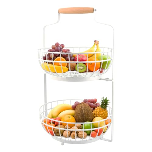 ANNTIM Cesta de Frutas de 2 Niveles, Fruteros de Cocina 2 Pisos, Cesta de Cocina para Frutas y Verduras, Negro Frutero 2 Pisos para Cocinar, Verduras, Aperitivos y Pan