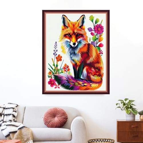 Image of Funxvoot Stamped Cross Stitch Kits for Beginners or Adults Embroidery Starter Patterns | DIY Printed Cross Stitch Kits Needlepoint for Adults or Kids 11CT-Colorful Fox 16x20 inch