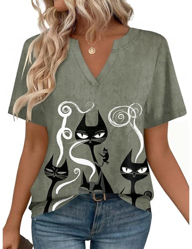 Zeagoo Cute Short Sleeve Tops for Women Casual V Neck T Shirts Blouses Business Work Outfits Gray Cat XL