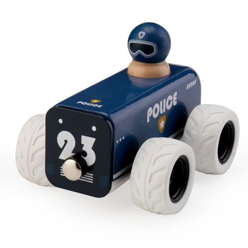 Image of ButToyBroz BTB Wooden Pull Back Police Car,Classic Retro Toy Car for Toddlers and Kids, Vintage Race Care, Holiday or Birthday Gift for Boys