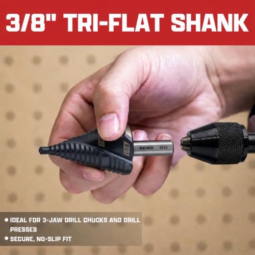 Image of NEIKO 10627B Step Drill Bit, 2 Steps 7 /8 inch to 1-1 /8 inch Spiral M35 Cobalt, AlTiSiN Coated, 3 /8 inch Tri-Flat Step Bits for Steel, Metal, Wood, Plastic, Unibit Cone Drill Bits, Two Flute