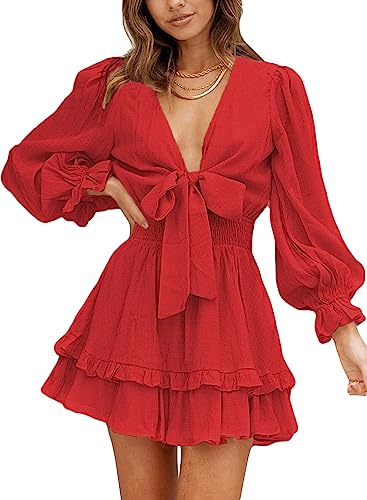 Dokotoo Womens Casual Spring Fall 2025 Deep V Neck Knotted Tiered...
