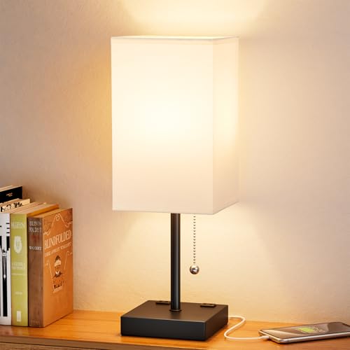 Image of Bedside Lamp for Bedroom - 3 Color Temperatures, USB A+C, 2 AC Outlets | Pull Chain Switch, LED Bulb Included, White Fabric Shade, 17.4 inch Table Lamp for Nightstand, Desk, Living Room, Office