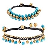 PH PandaHall Tobilleras bohemias de 2 estilos con cuentas turquesas, pulseras doradas con cascabeles trenzados, pulseras de cadena de cuentas para mujer, bohemia, verano, Hawaii, playa, fiesta, regalo