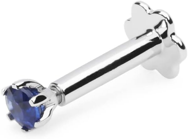 Demira Natural 2.2MM (0.04ct) Blue Sapphire Nose Stud – Solid 14K White Gold Nose Pin for Women, Body Piercing Jewelry with Screw Back, 7MM Long Post, 16G.
