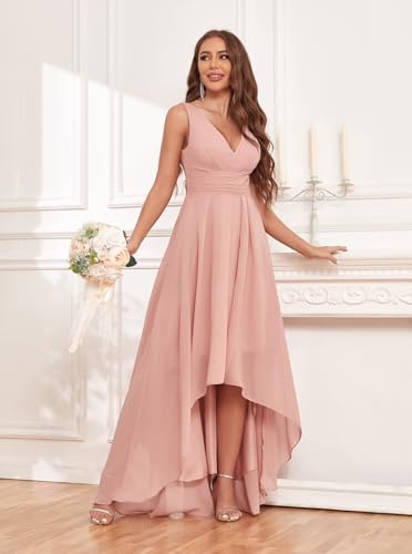 Image of Sukleet Chiffon Bridesmaid Dresses for Women with Pockets V Neck Ruched Short Formal Party Dress