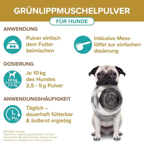 Grünlippmuschel Hund TESTSIEGER - 500g natürliches Grünlippmuschelpulver für Hunde - Unterstützung der Gelenkfunktion - Grünlippmuschel für Hunde mit Hoher Akzeptanz - Grünlippmuschelpulver Hund