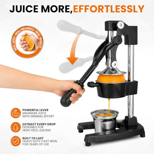 Cast Iron Juicer – Heavy Duty Manual Citrus Press | Hand Juicer Squeezer for Orange, Lemon, Lime, Grapefruit & Pomegranate | Countertop Juice Press with Stainless Steel Cup & Removable Strainer, Black by Celtic Coastal - Used condition - Image 2