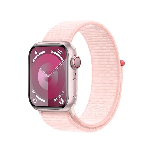 Apple Watch Series 9 [GPS + Cellular 41mm] Smartwatch with Pink Aluminum Case with Light Pink Sport Loop One Size. Fitness Tracker, Blood Oxygen & ECG Apps, Always-On Retina Display, Water Resistant