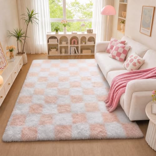 KICMOR 5x8 Area Rugs for Living Room, Light Pink and White Fluffy Shag Large Fuzzy Plush Soft Bedroom Carpets, Indoor Floor Shaggy Checkered Rug for Kids Baby Girls Room Playroom Nursery Home Decor