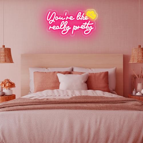 Image of You're Like Really Pretty Neon Sign Your Like Really Pretty Neon Light with Crown Wall Decor for Teen Girls Bedroom, Preppy Pink LED Signs Make up Room Decor Dorm Apartment Dressing Makeup