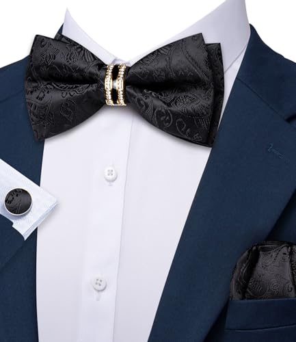 Image of YOHOWA Mens Bow Tie Set Paisley Pre-tied Bowties Adjustable with Handkerchief Cufflinks Gold Ring Set Wedding Prom Party