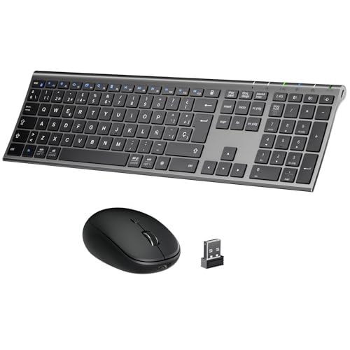 iClever Bluetooth/2.4G Teclado y Ratón DK03-QWERTY Español Teclado Ratón Inalámbrico, Recargable, Multidispositivo, Ergonómico, Tamaño Completo, Delgado para Mac, iPad, Apple, Android, Win
