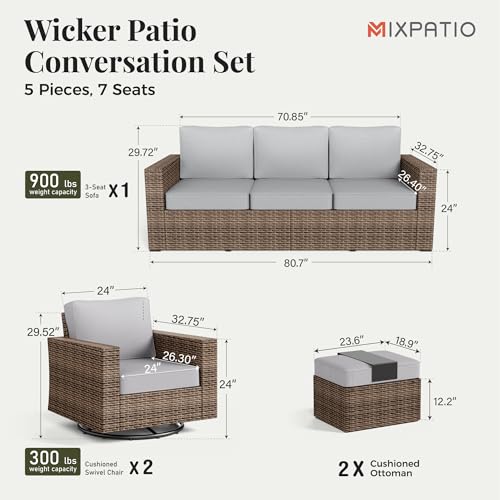 Image of MIXPATIO Patio Furniture Set, 5 Pieces Outdoor Furniture Sets, Wicker Rattan Conversation Sets with 2 Swivel Chairs and 2 Ottomans, High Back Conversation Set for Garden, Backyard, Pool, Grey