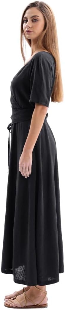 Amazhiyu Womens Linen Short Sleeve V Neck Wrap Maxi Dress Belt Tie with Pockets - Image 2