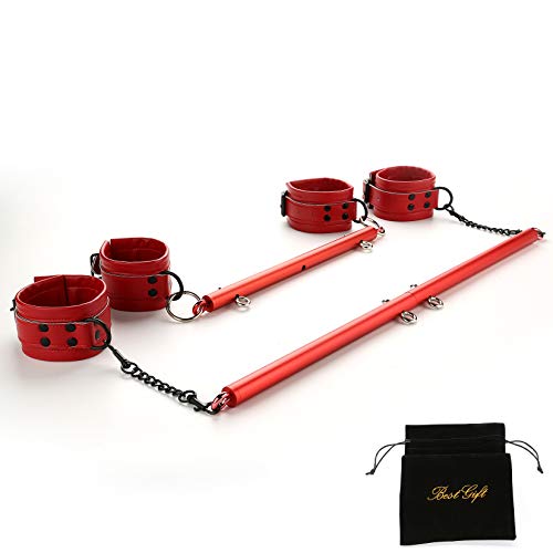EXREIZST Adjustable 2 Pilates Spreader Bar Set with 4 Soft Leather Straps Set Expandable Sports Aid Training Fitness Kit, Red