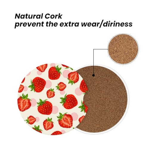 Image of Strawberry Car Coasters for Cup Holder - Absorbent Ceramic 2 Pack With Anti-Slip Cork Base and Finger Notch - Interior Accessories for Women Men 2.56 inch