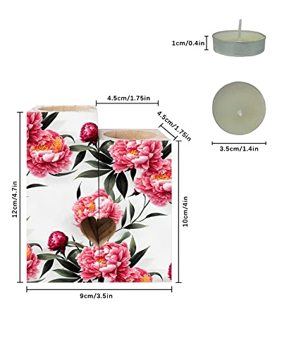 Peony Flower Candle Tealight Holders,Gifts For Him,Her,Kids,Women,Men - Heart Decorative Wood Candle Holder With Tea Lights,Wooden Candlestick Holder Decor,Chinese Rose Classical Oriental Ink Painting #TOP2