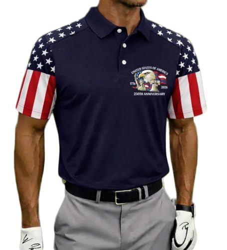 HARGLESMAN USA 250 Years Anniversary Polo for Men Patriotic American Flag Golf Shirt 1776-2026 Commemorative Gift Eagle Liberty Bell Quick-Dry Moisture Wicking Performance Polo Top