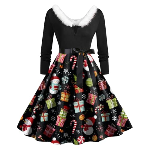 Weihnachtskleid Damen Elegant Sexy Weihnachten Partykleid Langarm Vintage Cocktailkleid Rockabilly mit Lustig Swing A Linie Weihnachtskleid Festliche...