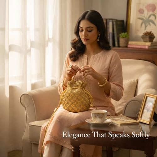 Image of Srajanna Women's Embellished Ethnic Pearl Potli Bag Traditional Handcrafted Evening Clutch for Weddings & Festive Occasions