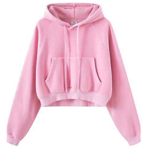Gihuo Women's Cropped Hoodie Acid Wash Fleece Lined Oversized Short Pullover Sweatshirt (Medium, Pink)