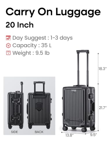 Image of 20 Inch Carry on Luggage with Spinner Wheels,Aluminum Frame Zipperless Checked Travel suitcase for Shout Business Women Men (Black, 20in carry-on Aluminum Frame)