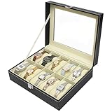 Watch Storage Box Organizer, 10 Slots Organizador De Relojes Para Hombre, Leather Luxury Large Case Cabinet Holder Tray, Small Glass Top for Jewelry Collection Display Travel Mujer Mens Womens (Black)