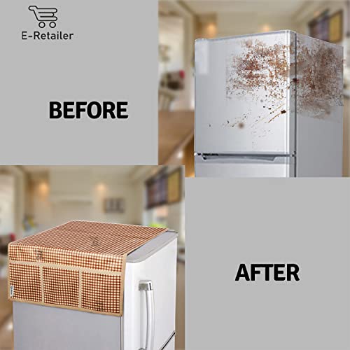 Image of Polyester Fridge Top Cover with Side Pockets & Set of 4 Refrigerator Mats | 3-Layered Washable Dustproof Kitchen Covers (Check Brown, Cover:- 39x21 Inch, Mat:- 17.5x11.5 inch)